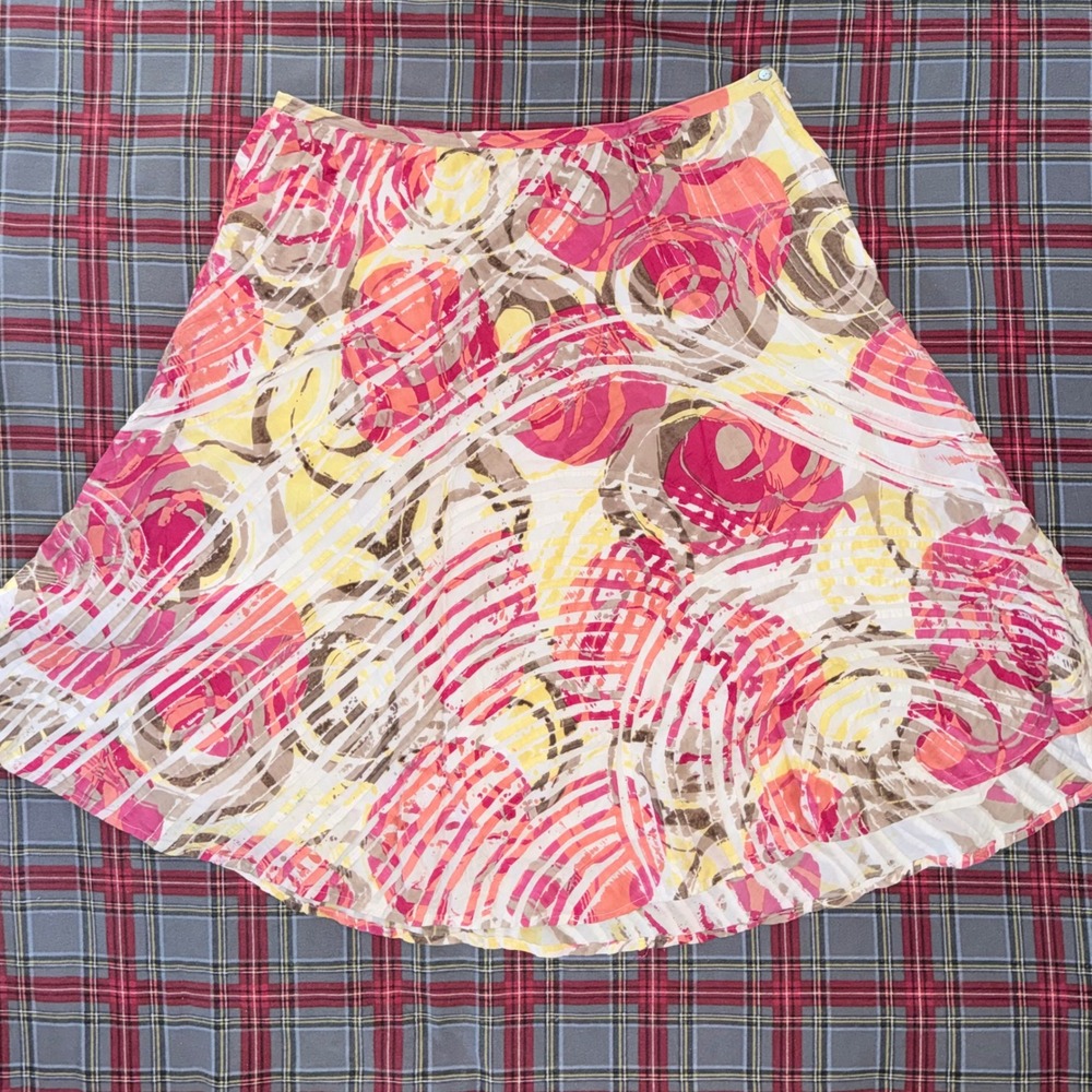 Chico's Size 3 Abstract Floral Pintuck Cotton Skirt - Pink Orange Yellow - XL 16